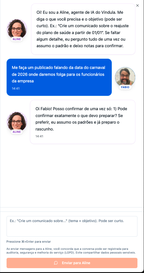 Aline AI assistant integrated into the platform