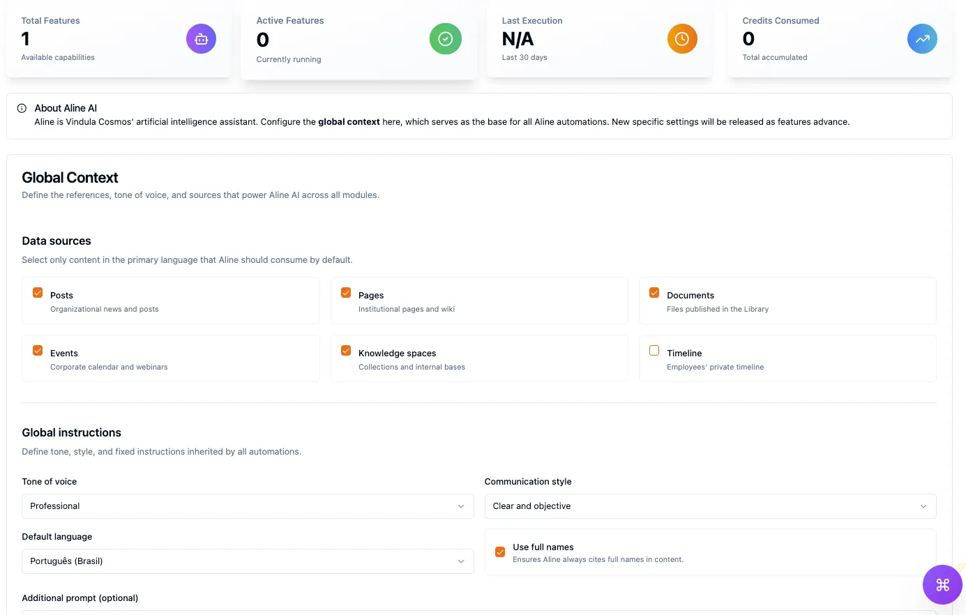 Configurações administrativas da IA