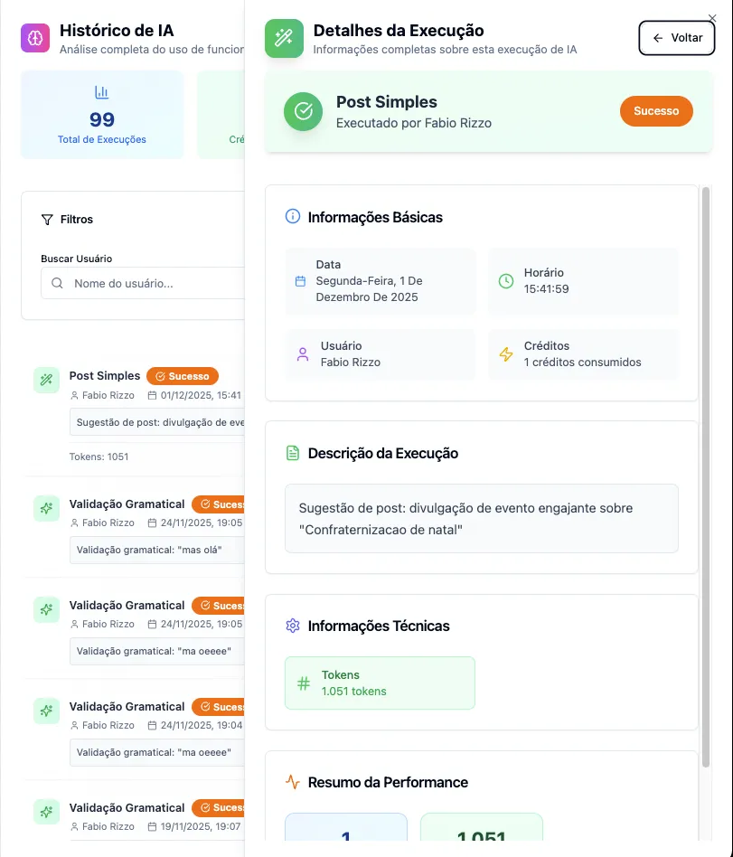 Detalhes de execução e histórico de IA