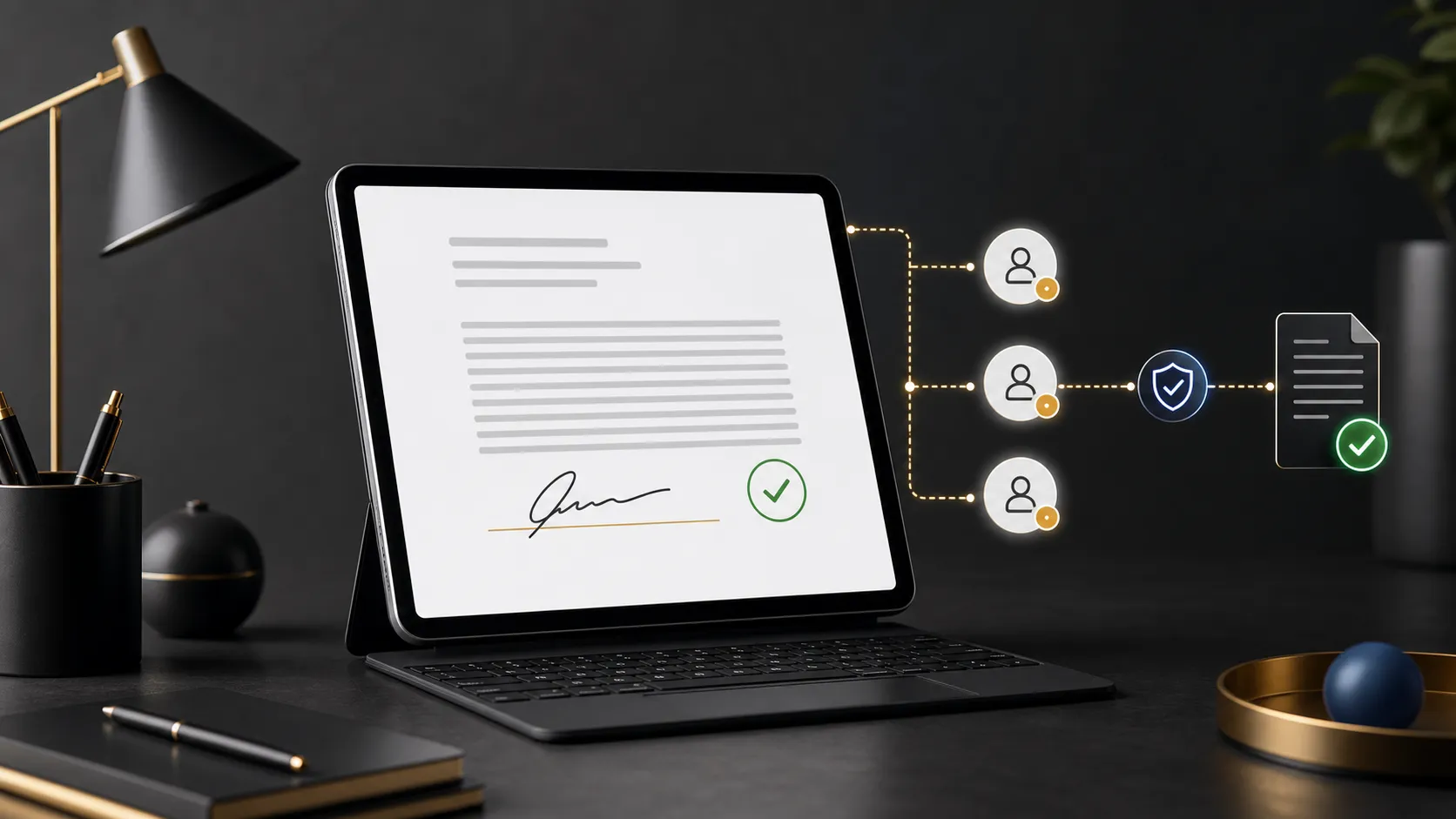 Documento electrónico conectado a tres destinatarios y a un registro de finalización