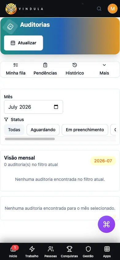 Tela mobile do módulo Auditorias com indicadores de conclusão