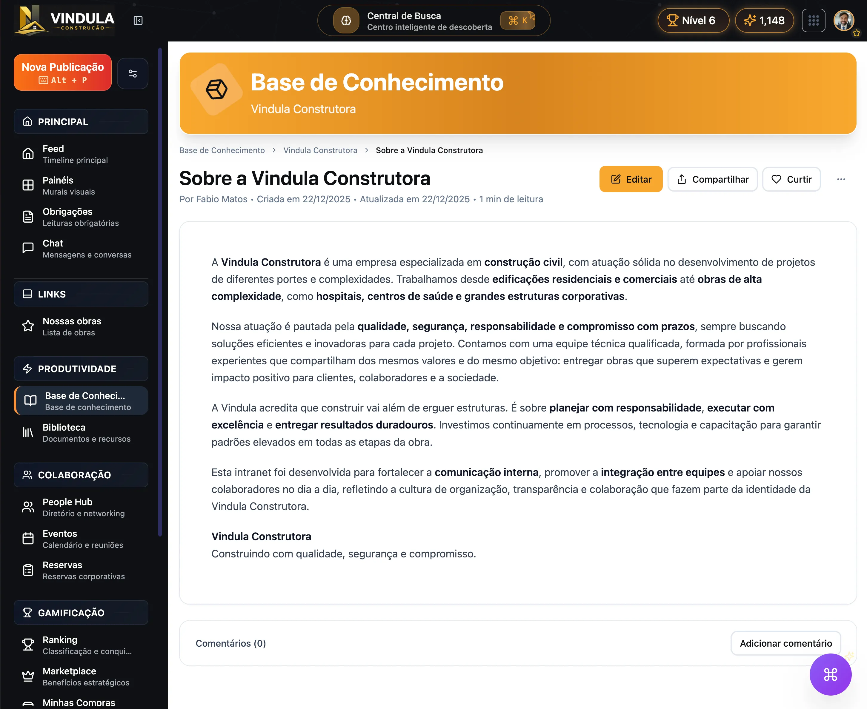 Página da Base de Conhecimento em uso