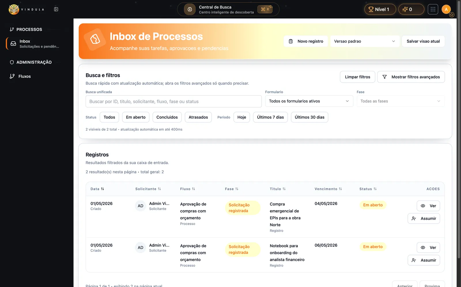 Inbox de procesos BPMS con registros de aprobación de compras y acciones ver o asumir