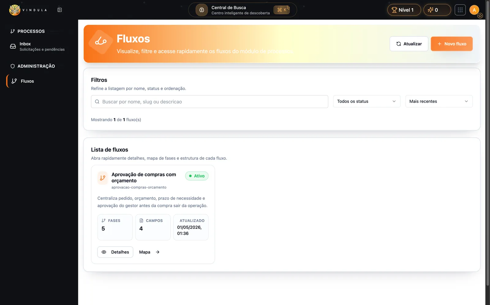 Lista de flujos BPMS en Cosmos con filtros y flujo de aprobación de compras