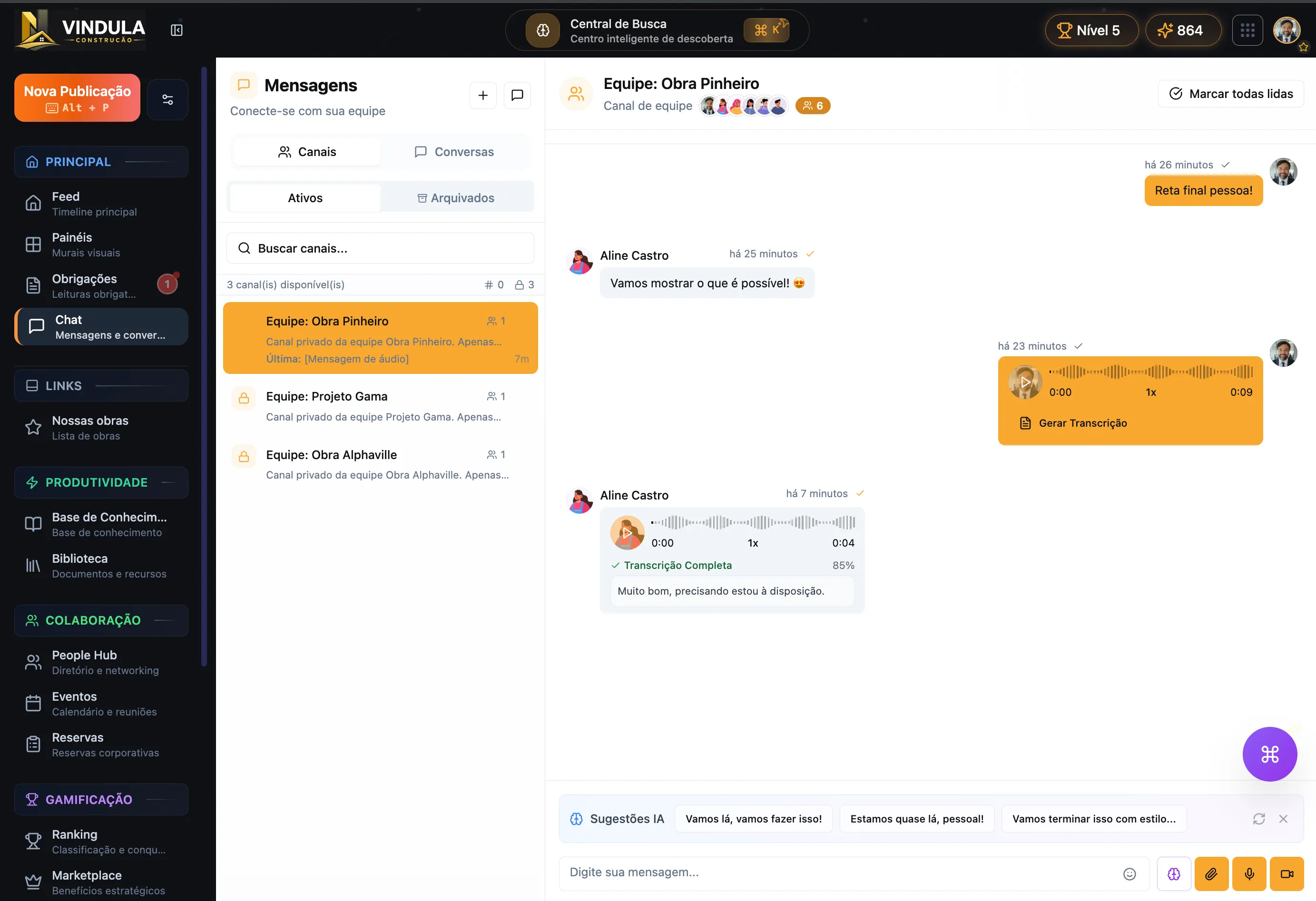 Chat interno por canais com lista de canais e conversa