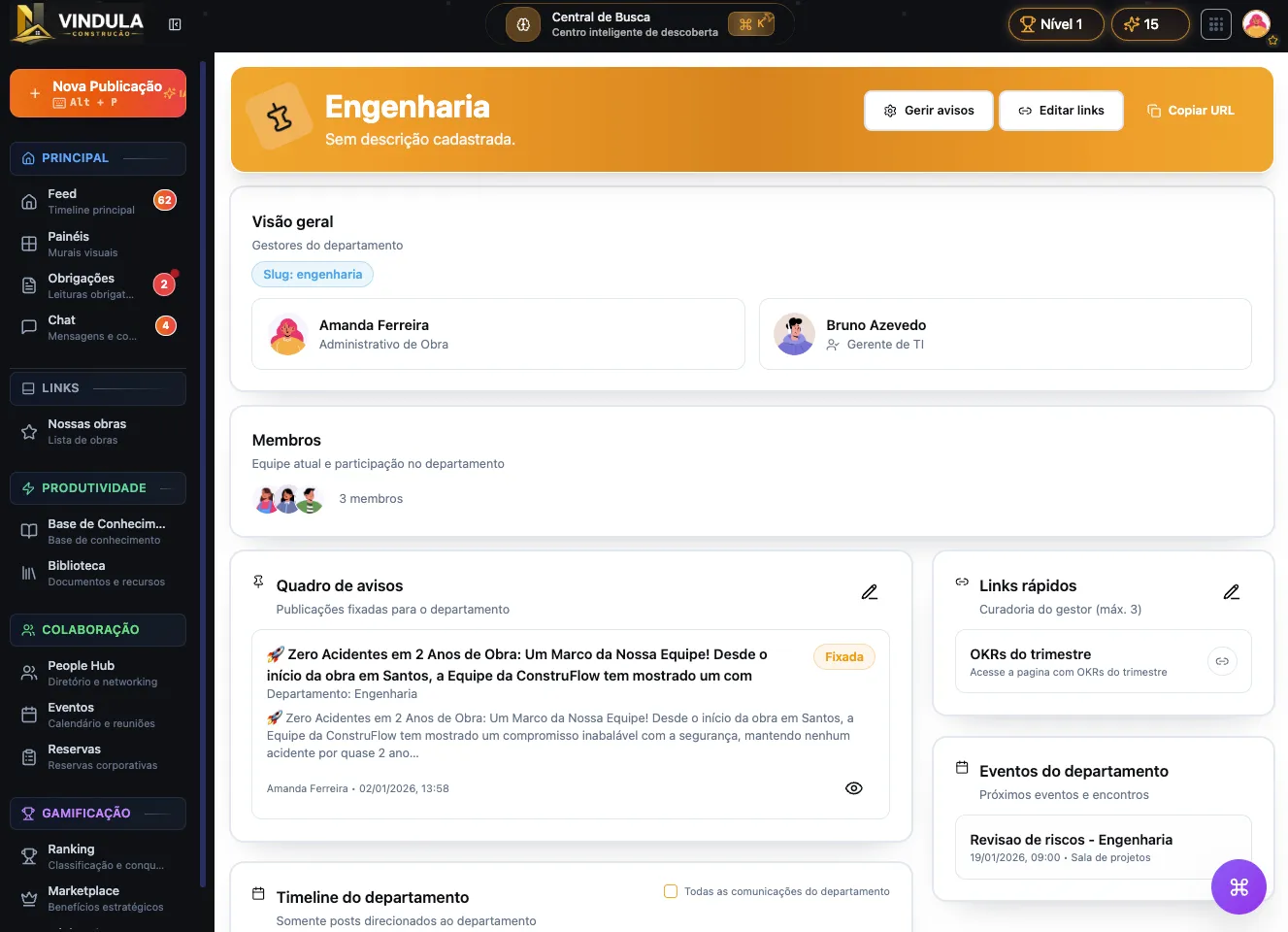 Feed com comunicado segmentado, badge de público e reações
