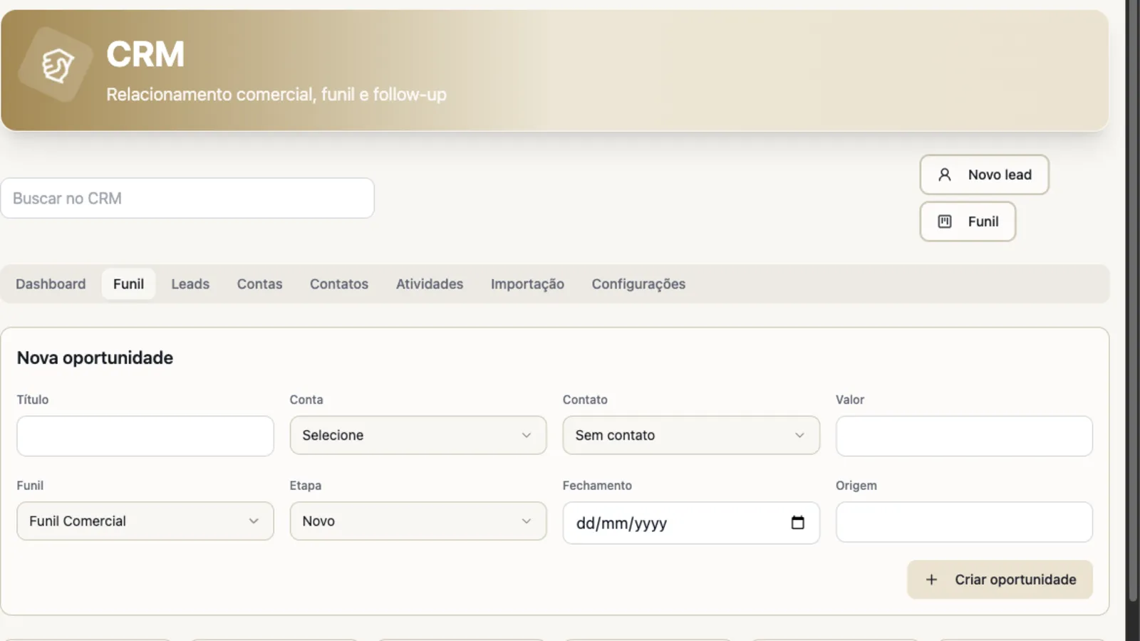 Tela de funil do CRM do Vindula com criação de oportunidade