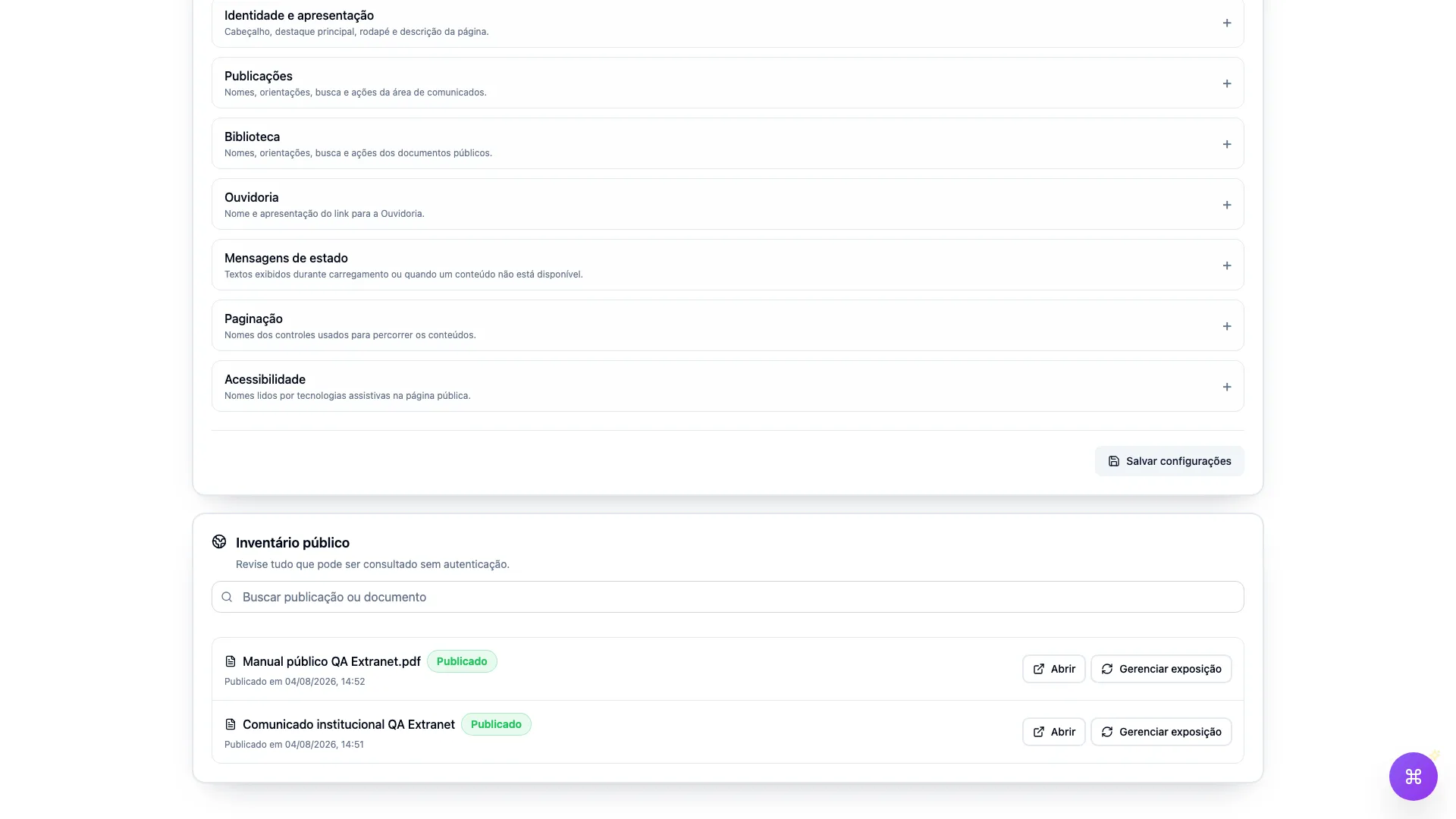 Vindula Extranet inventory with a published communication and document plus exposure controls