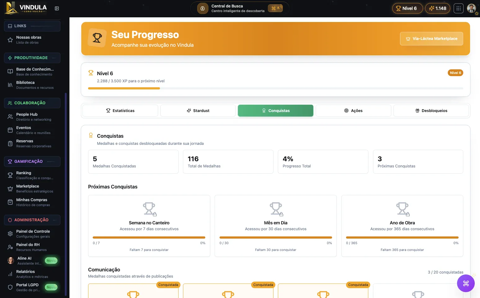 Medalhas e níveis associados a conquistas reais