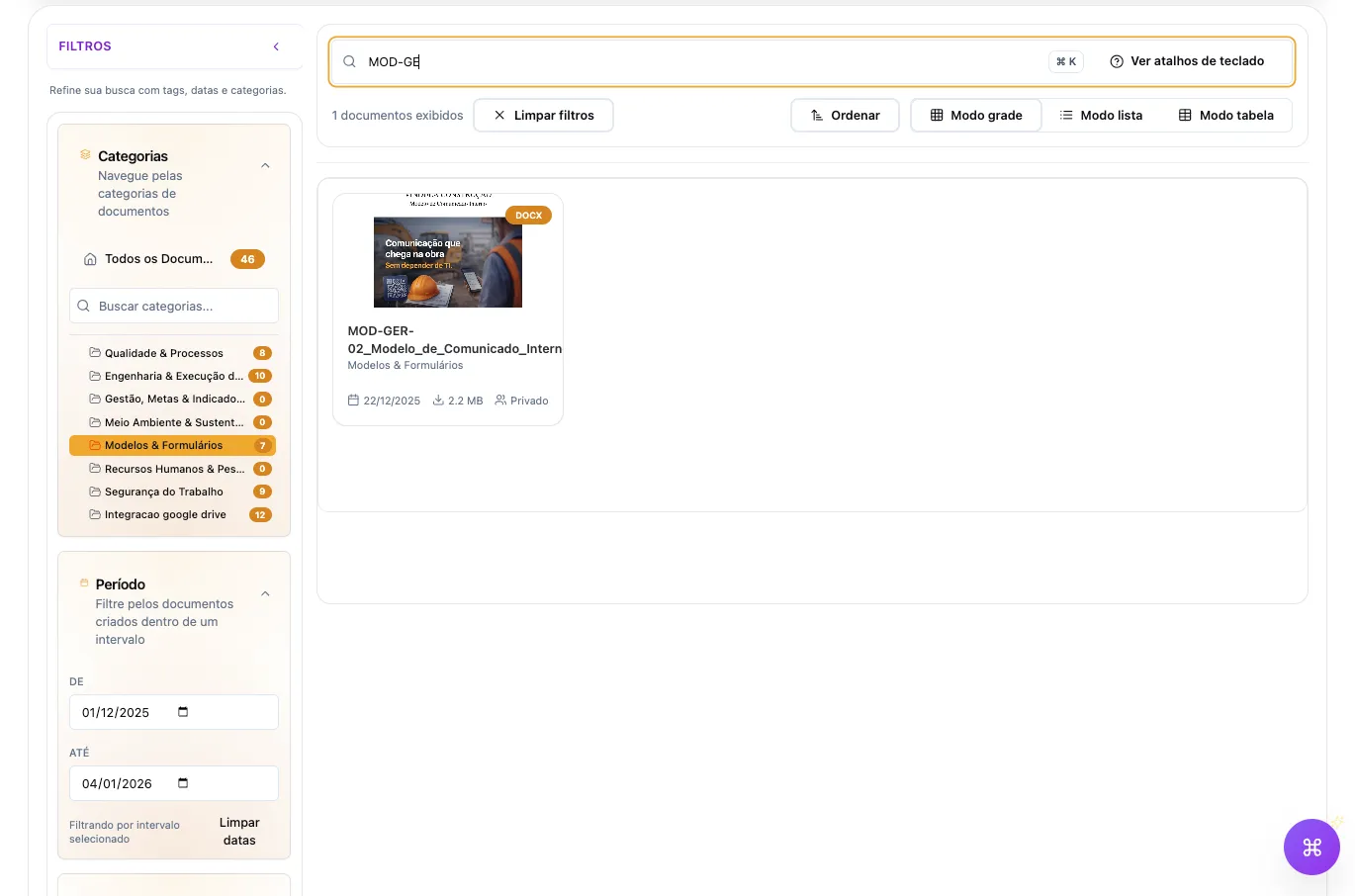 Busca e resultados organizados por coleção
