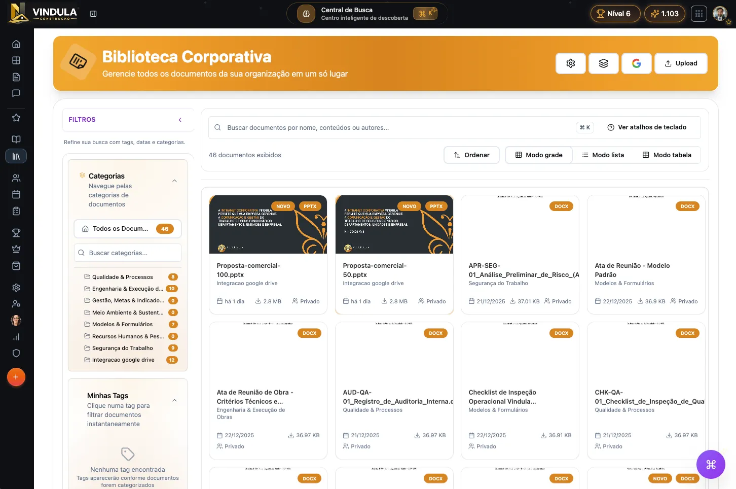 Biblioteca corporativa com documentos organizados e versionados