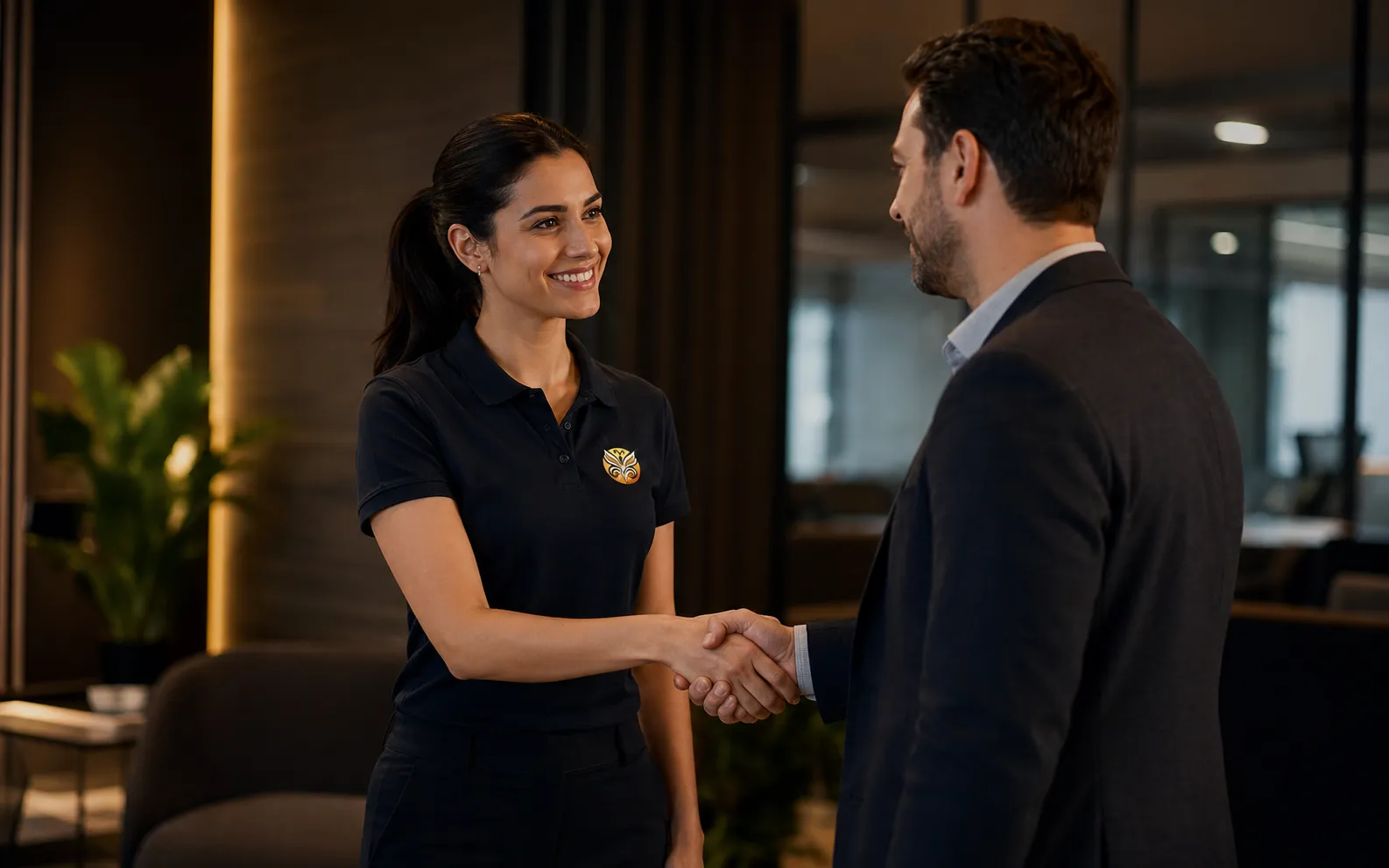 Representante do Vindula cumprimentando um cliente em uma indicação comercial