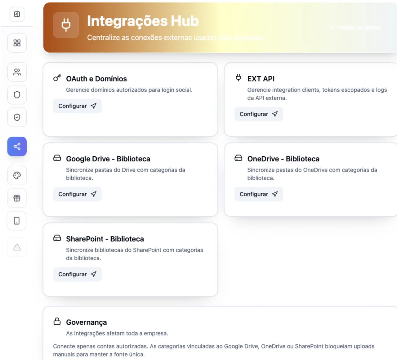 Tela do hub de integrações do Vindula com Google Drive, OneDrive, SharePoint e API externa