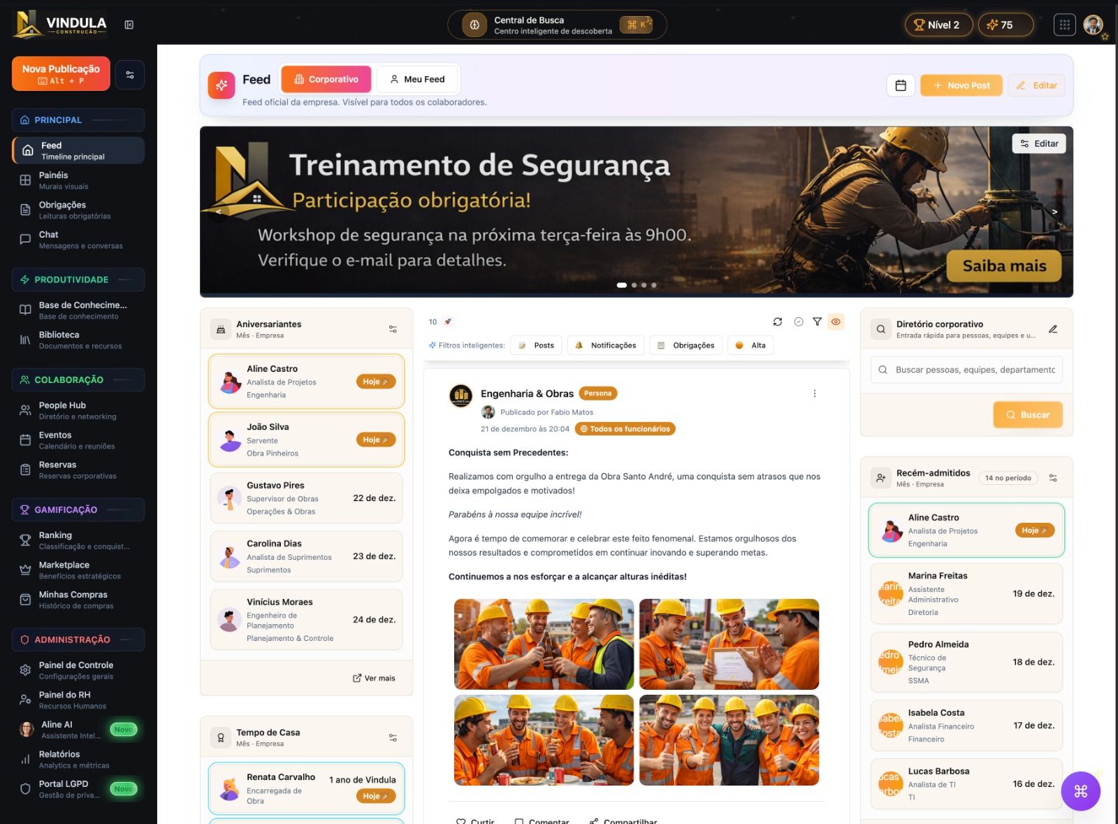 Tela administrativa da intranet Vindula com feed e módulos (dados ilustrativos)