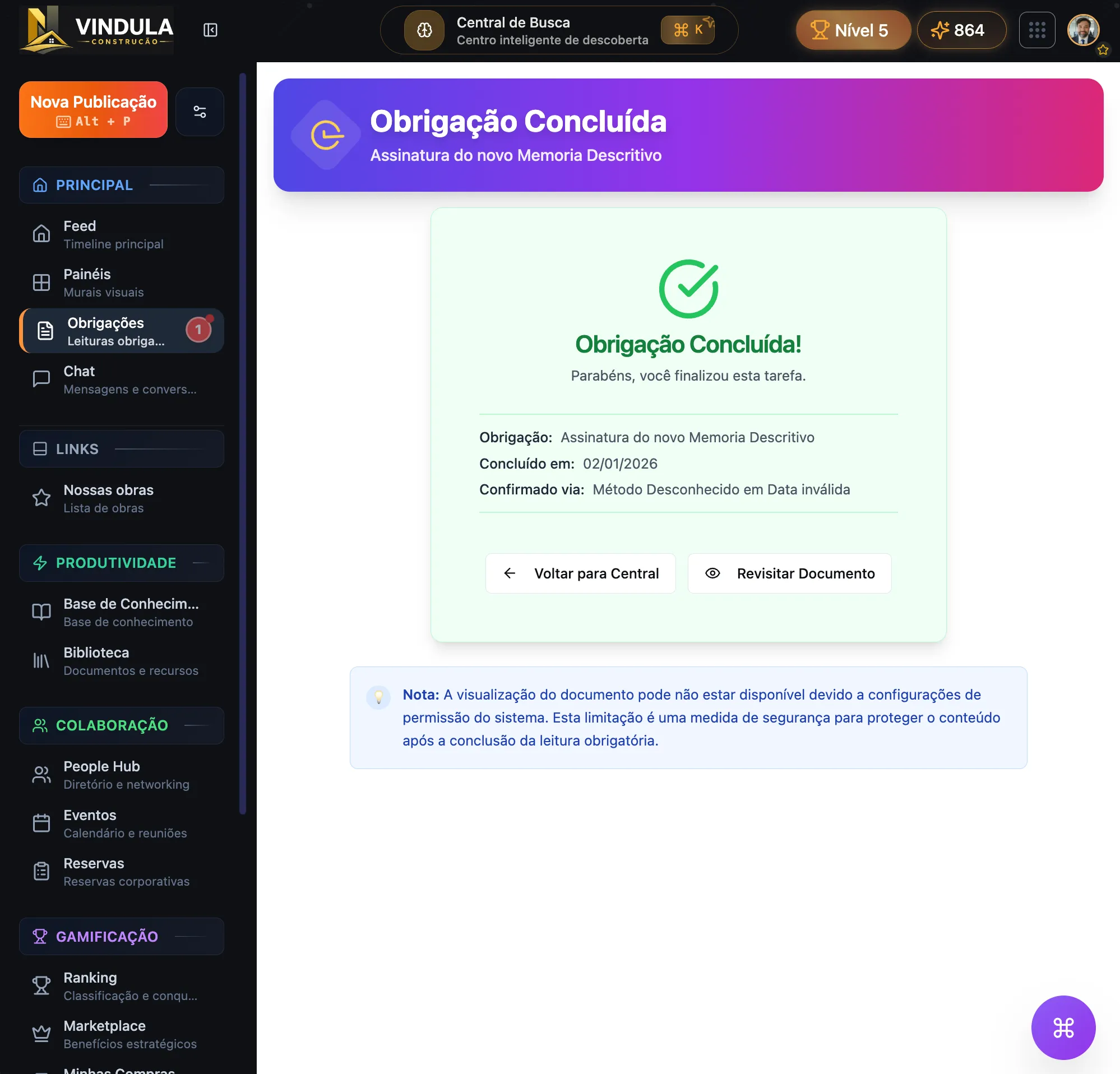 Tela real da intranet Vindula