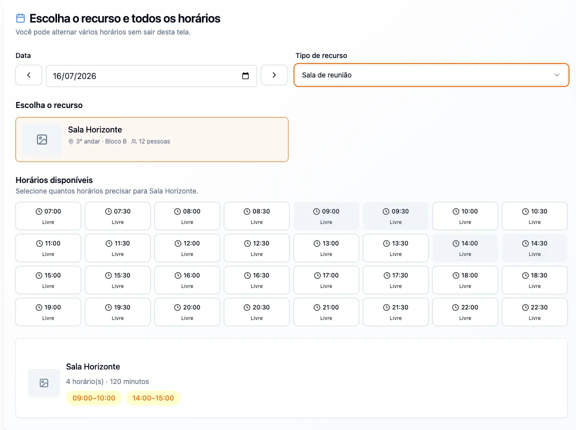 Agenda de reservas com dois horários não contíguos selecionados