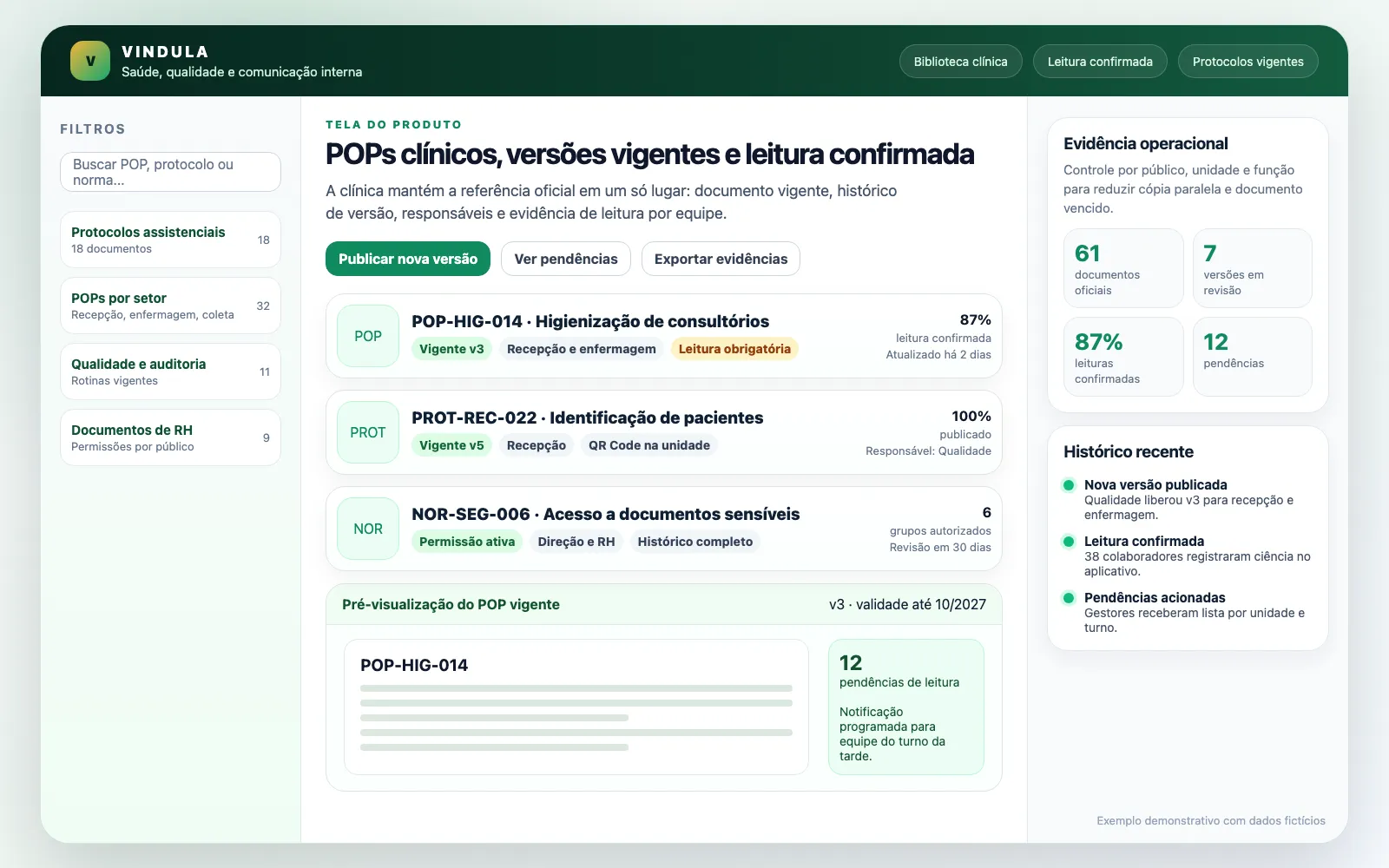 Tela demonstrativa de protocolos de saúde com versão vigente no Vindula