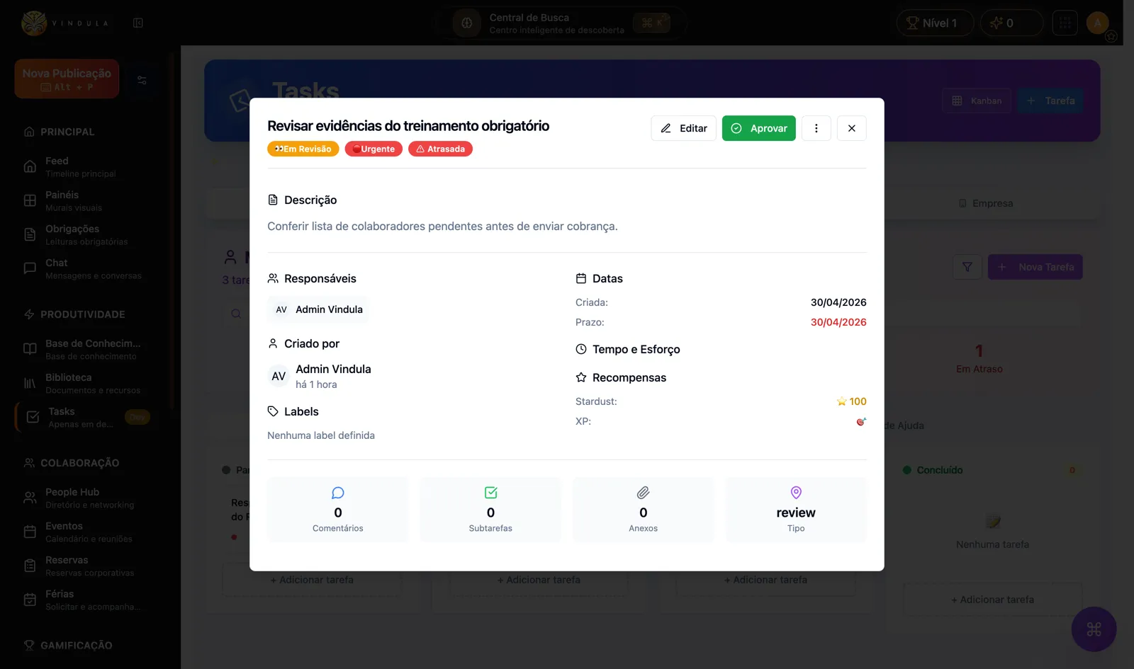 Detalhe de tarefa de treinamento obrigatório no Vindula