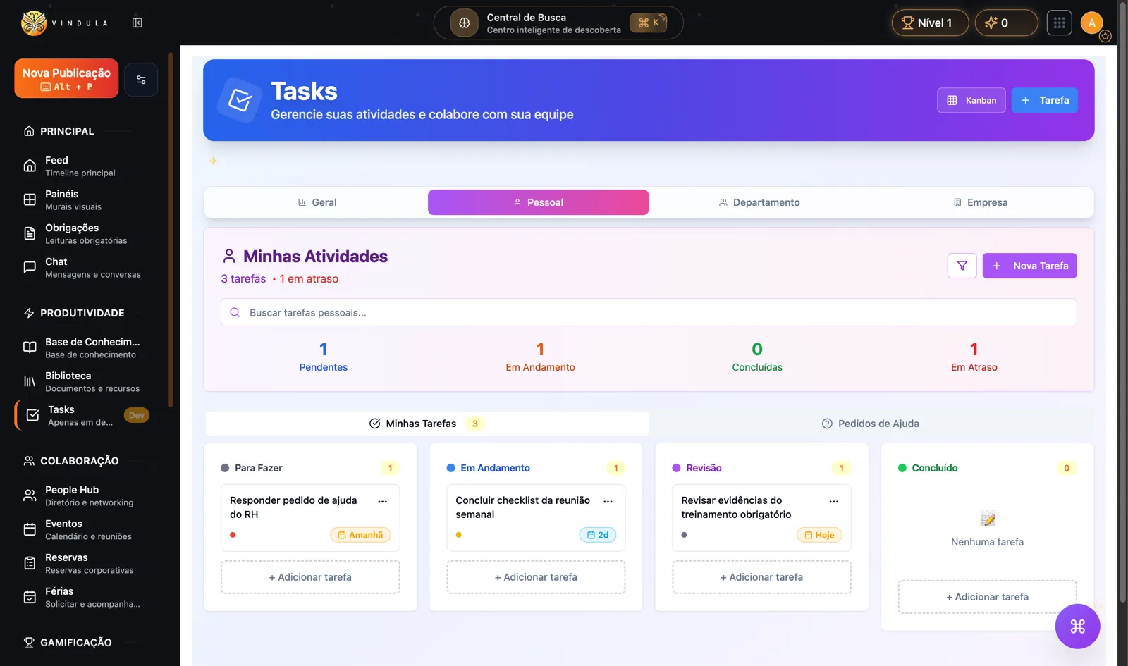 Kanban pessoal de tarefas no Vindula