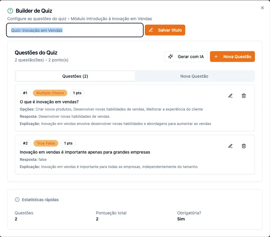 Quiz e avaliação do curso