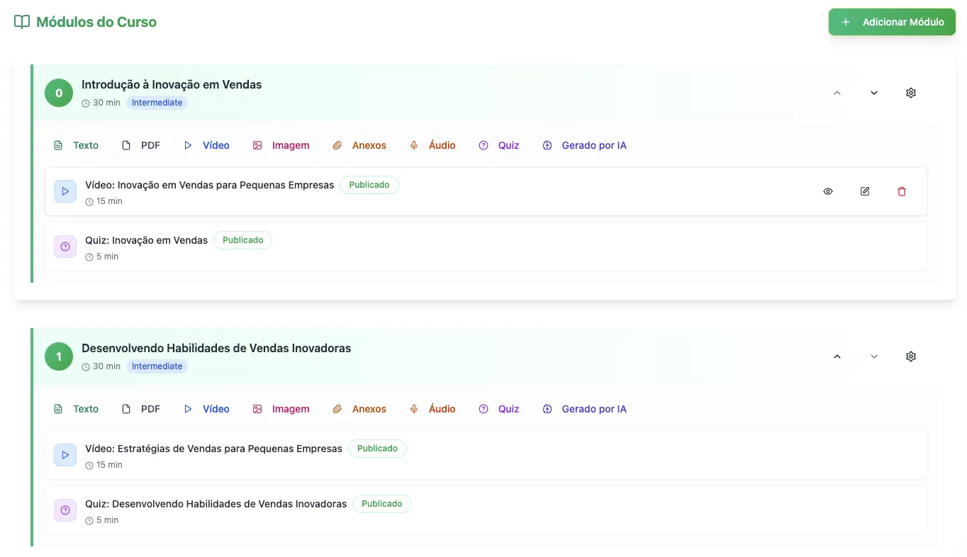 Módulos e conteúdos do curso