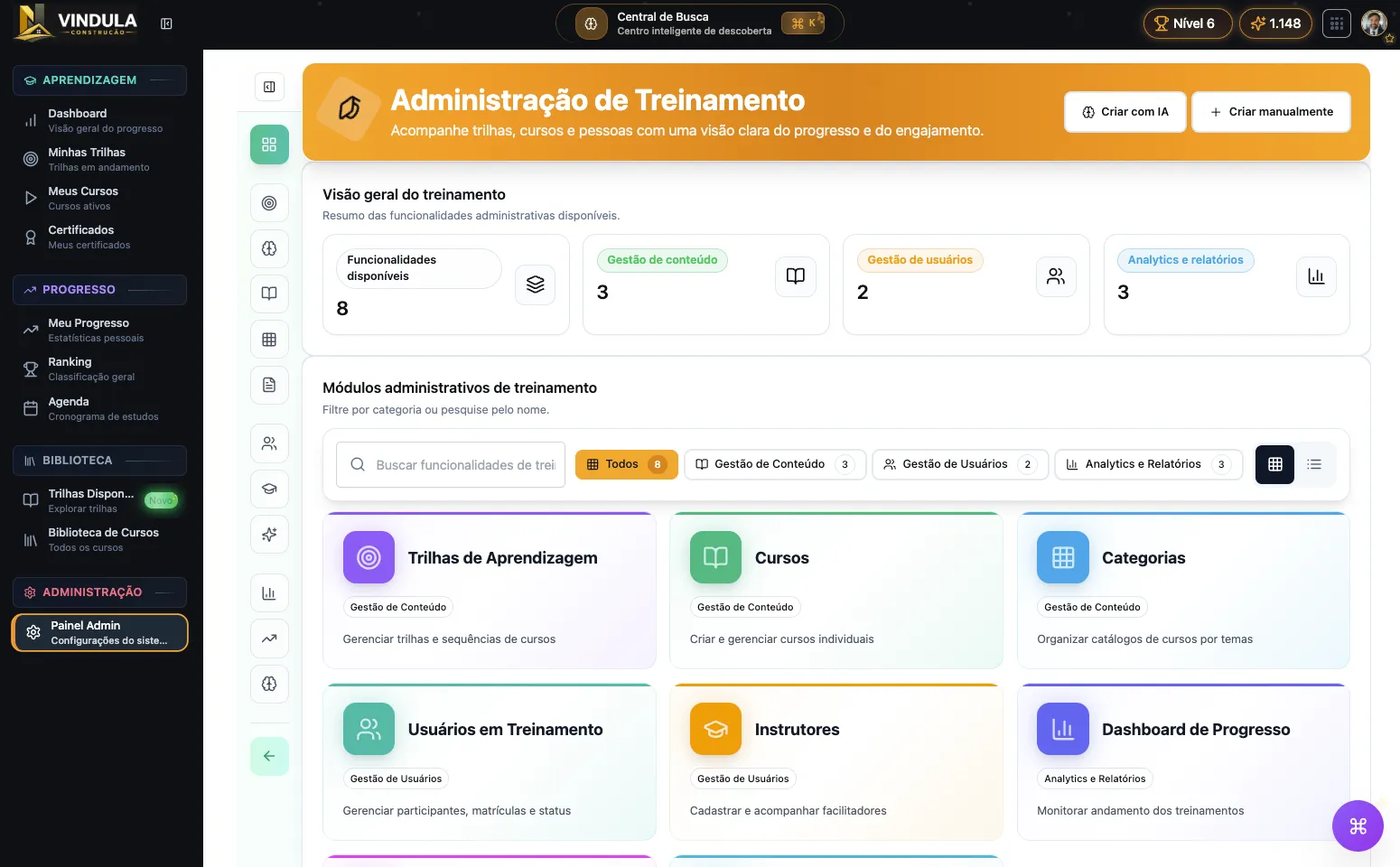Configuração administrativa de treinamentos