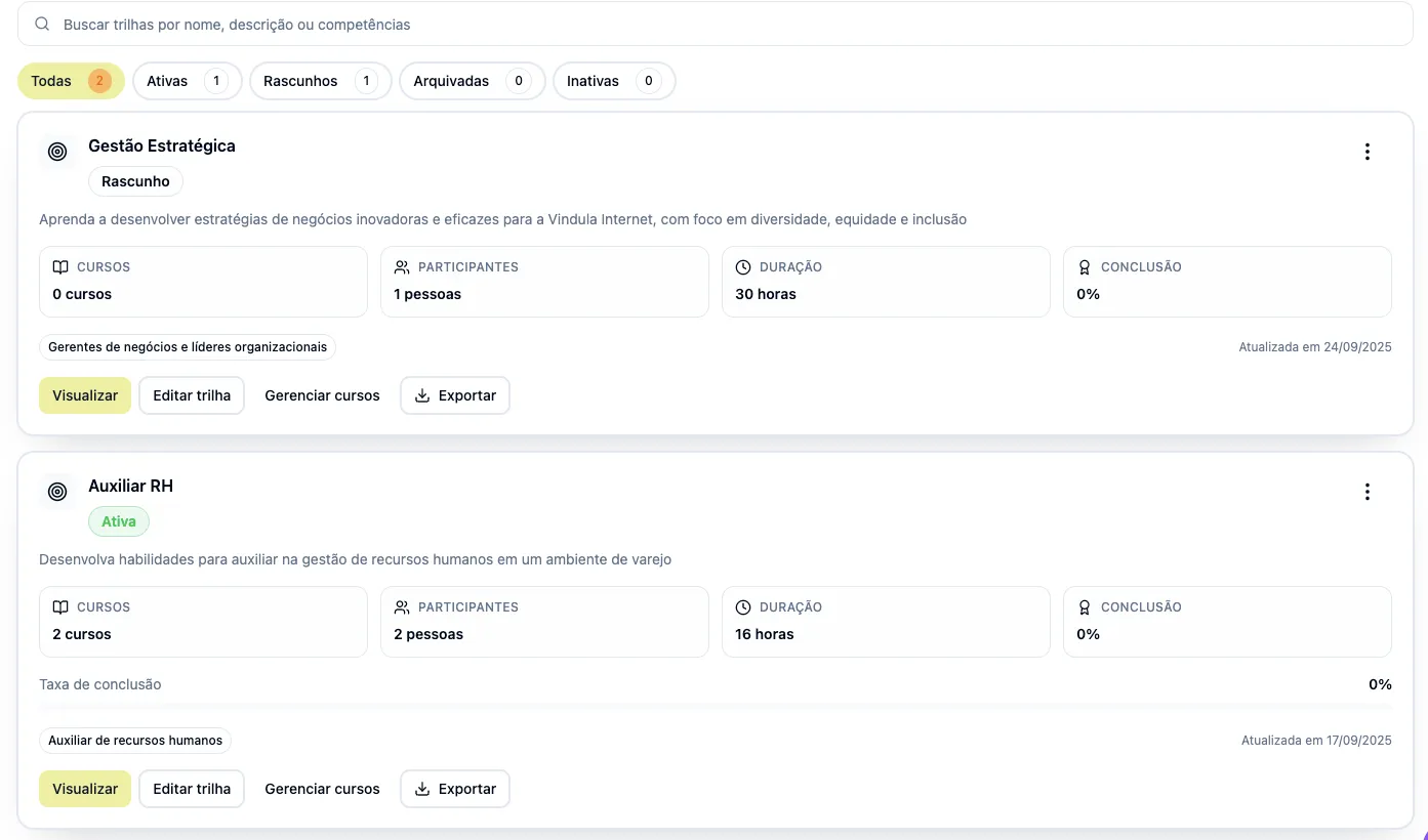 Execução de aulas e progresso por trilha