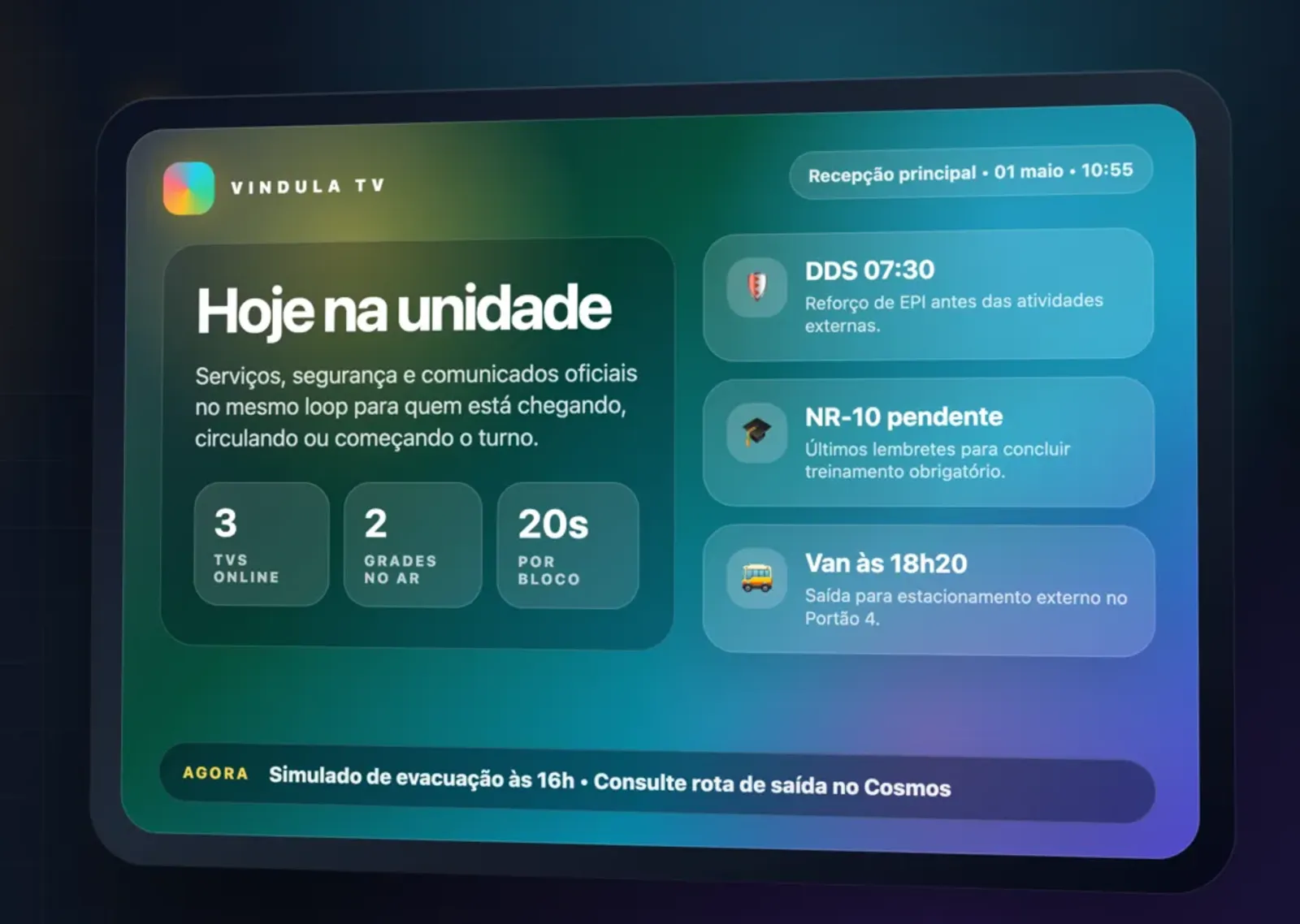 Tela viva da TV Corporativa do Vindula com comunicados, DDS, serviços do dia e indicadores