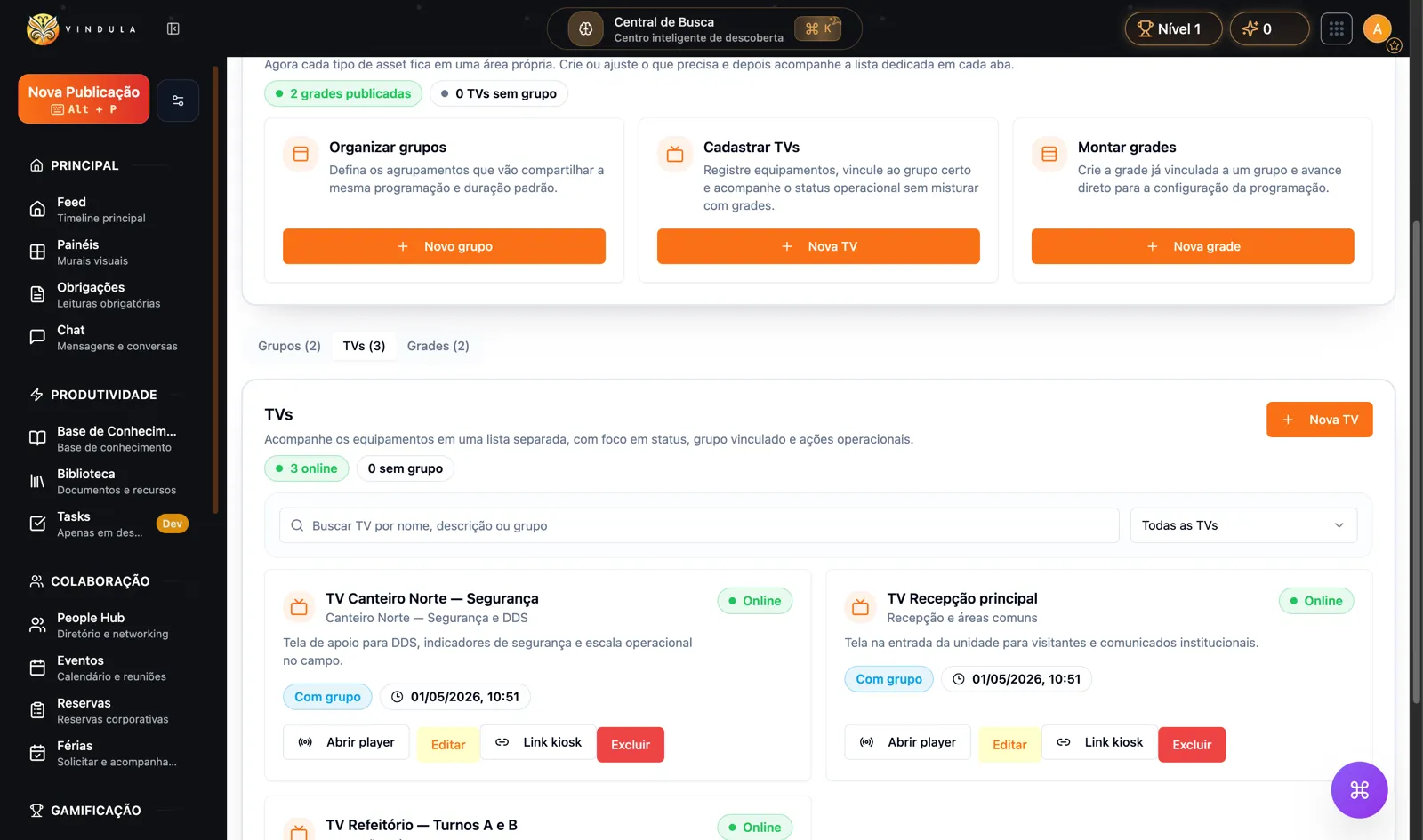 Lista de TVs corporativas online com grupos vinculados