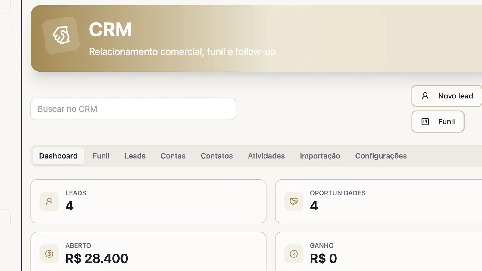 Vindula CRM dashboard with lead and opportunity indicators