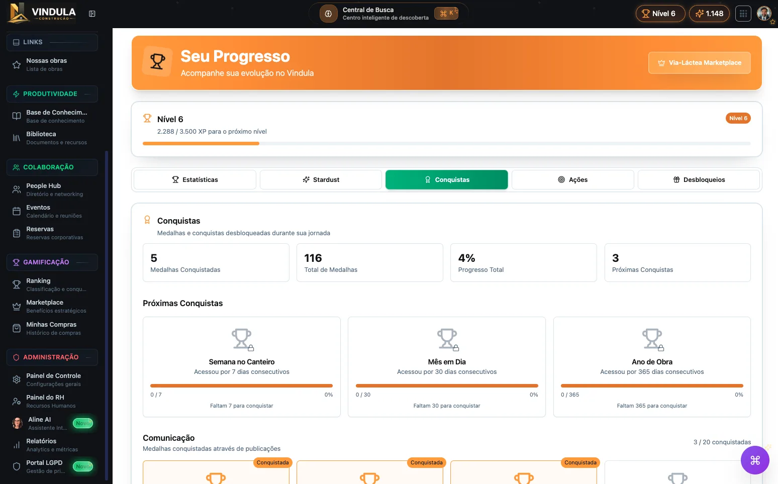 Vindula Gamification screen showing progression, levels, and achievements