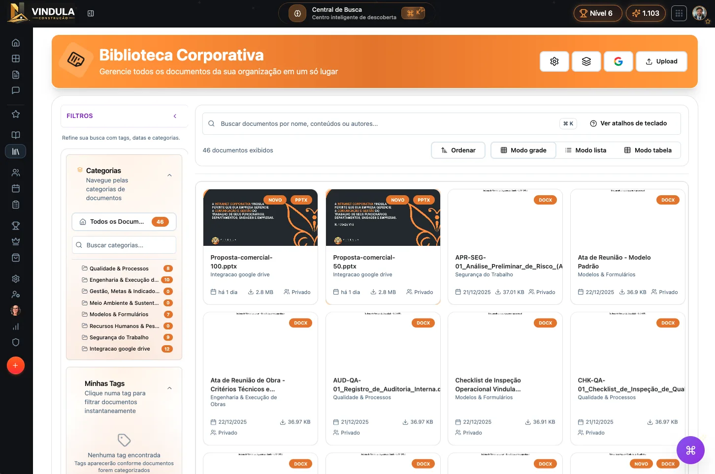 Vindula Corporate Library with search, categories, and documents